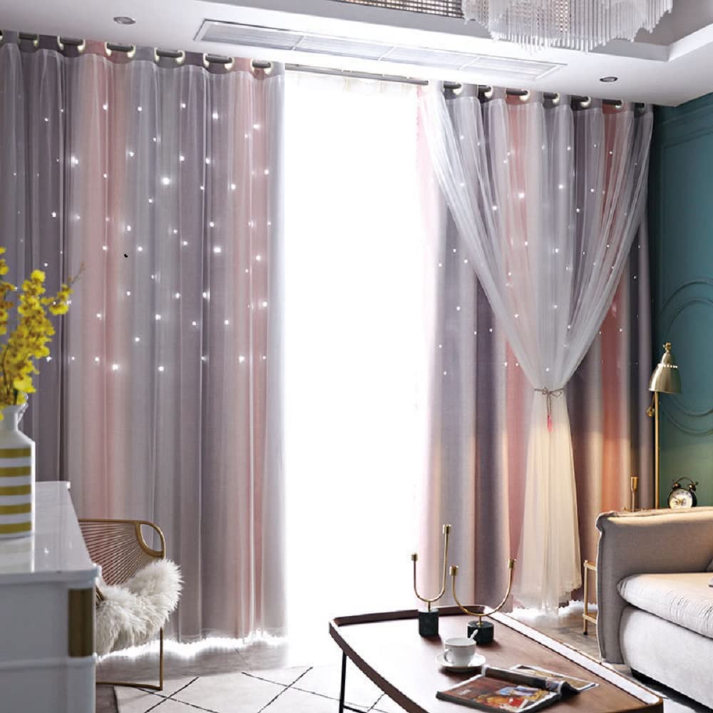 Lanqinglv Girls Curtains with Sheer Net - Kids Room 2 Panels Stars Blackout Curtain with Hollow Out Design,Pink Grey Double Layer Star Cut Out Living Room Window Curtains Nursery,W 52 in x L 96 in