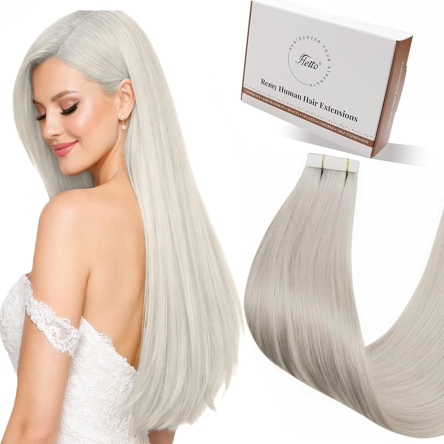 Hetto Tape in Hair Extensions Human Hair Platinum Blonde 18 Inch - Invisible Tape in Human Hair Extensions, Reusable Easy Wear Seamless Tape Ins 20pcs 50g #60 White Blonde — image 1