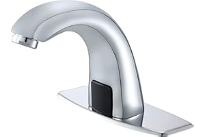 Lychee Light Automatic Sensor Bathroom Sink Faucet with Hole Cover Plate, Touchless, Brass, Bath Water Tap with Temperature Mixer, 3/8" 1/2" Adapter, 3 Hoses, Large Elbow Shape Chrome Nickel Finished