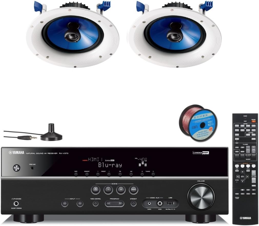 Yamaha 3D-Ready 5.1-Channel 500 Watts Digital Home Theater Audio Video Receiver with 4K pass-through, HD Audio Decoding, CINEMA DSP, Adaptive Dynamic Range Control, 40-Station Preset Tuning, Sleep Timer, Compressed Music Enhancer & USB Digital Port to Control, Charge & Play Your iPod, iPhone or Memory Drive + Yamaha Custom Easy-to-install In-Ceiling 2-Way Moisture Resistant Speakers (Set of 2) with a 8" PP Mica Cone Woofer & 1" Fluid-Cooled Soft-Dome Swivel Tweeter + 100 ft 16 Gauge Speaker Wire