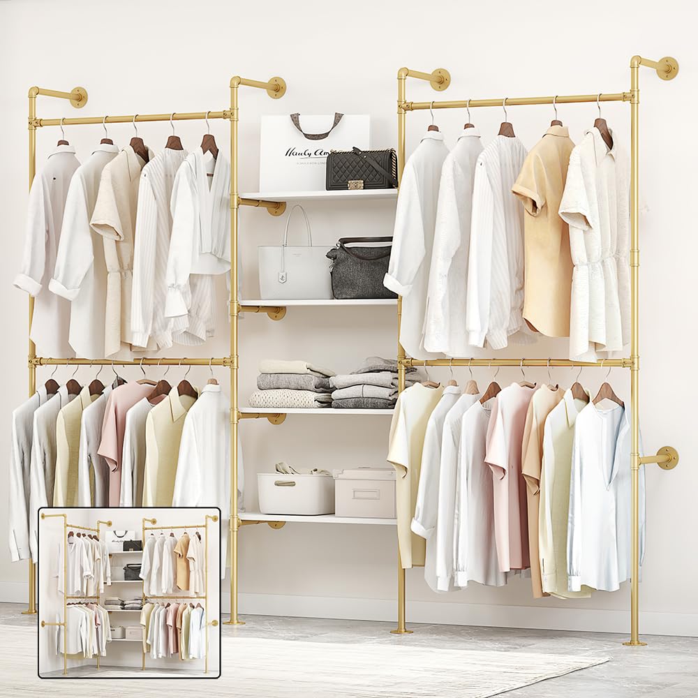 Photo 1 of **MISSING PARTS***DABILONGC Industrial Pipe Clothing Rack, Heavy Duty Adjustable Garment Hanger with Shelves, 2 Installation Methods Closet Storage System for Wardrobe Organization (Gold, 80" H x 86" W)