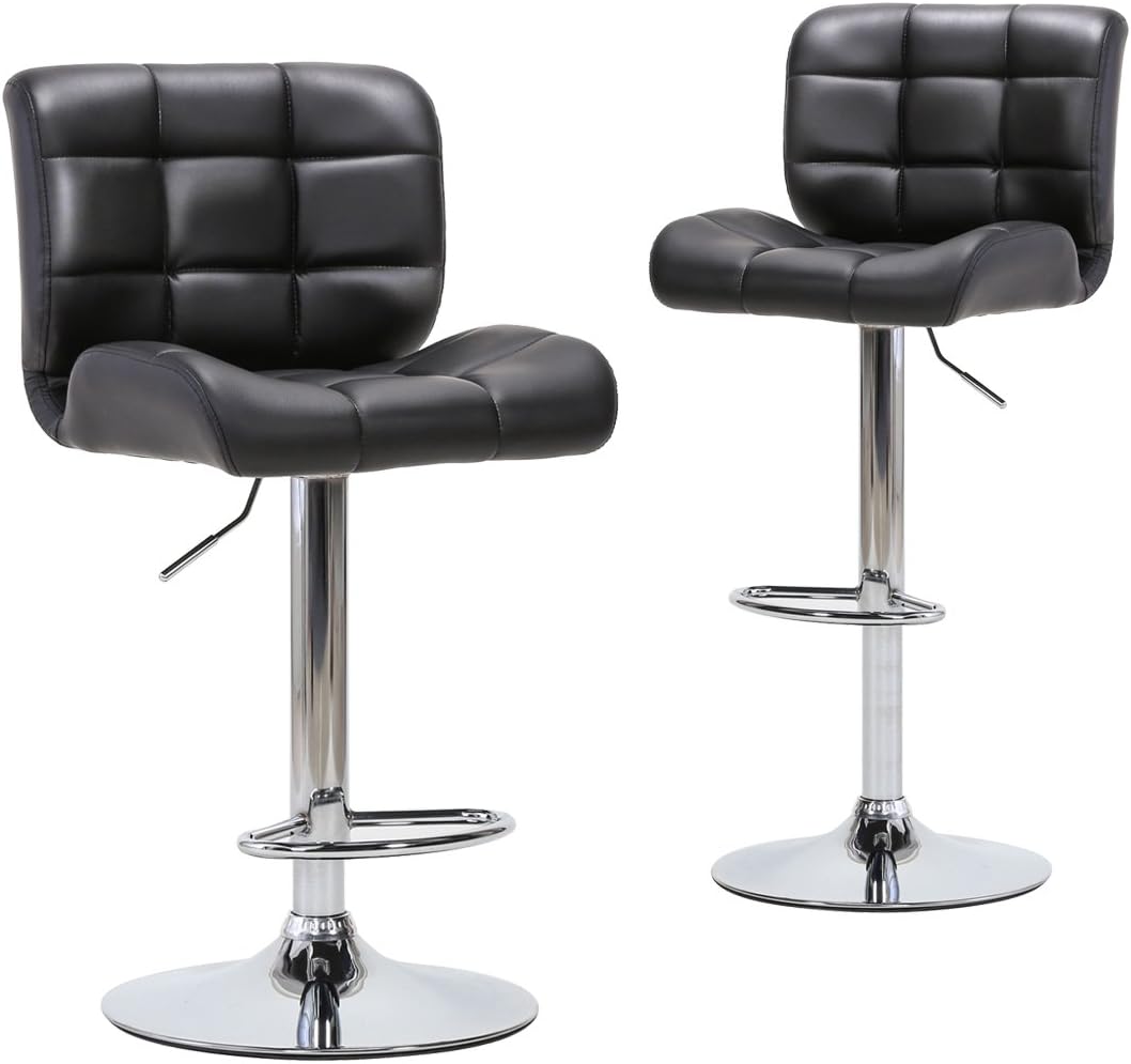 Chiming Modern Adjustable Swivel Bar Stools - Wide Seat Black Leather Swivel Chairs for Bar, Home Kitchen by, Set of 2