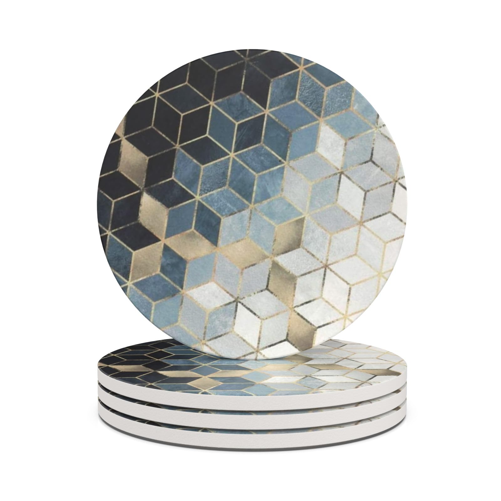 Haocoo Round Drink Coasters set of 4 - Absorbent Stone Coaster Set with Cork Base and Ceramic Stone, Decorative Cup Coasters for Kinds of Mugs and Cups…(Cube)