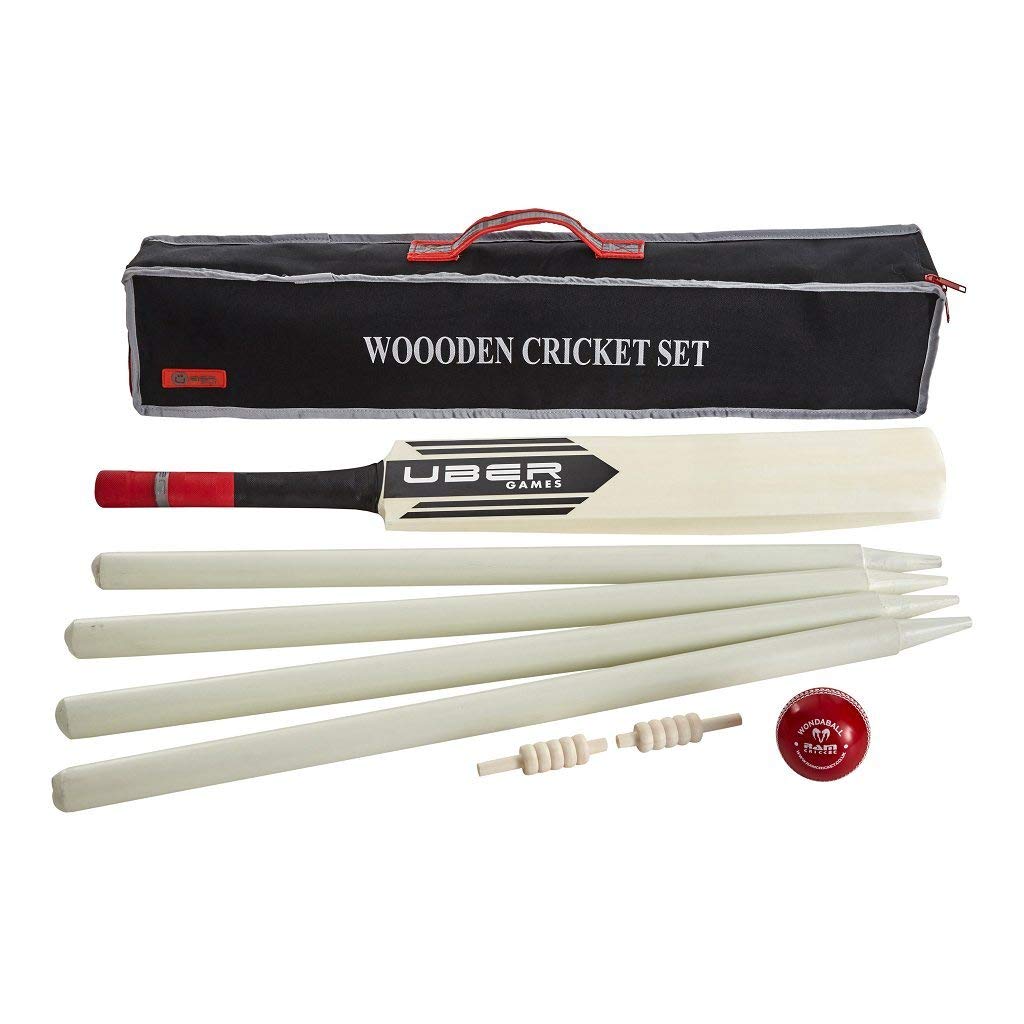 Uber Games Wooden Cricket Set - A fantastic entry level cricket set that includes a size 4 cricket bat, a junior wondaball, 4 wooden stumps and 2 x wooden bails. All in a nylon storage bag (4)