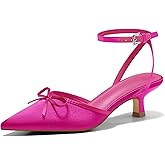 Coutgo Satin Kitten Low Heels with Bow Closed Pointed Toe Short Pumps Dress Wedding Party Shoes
