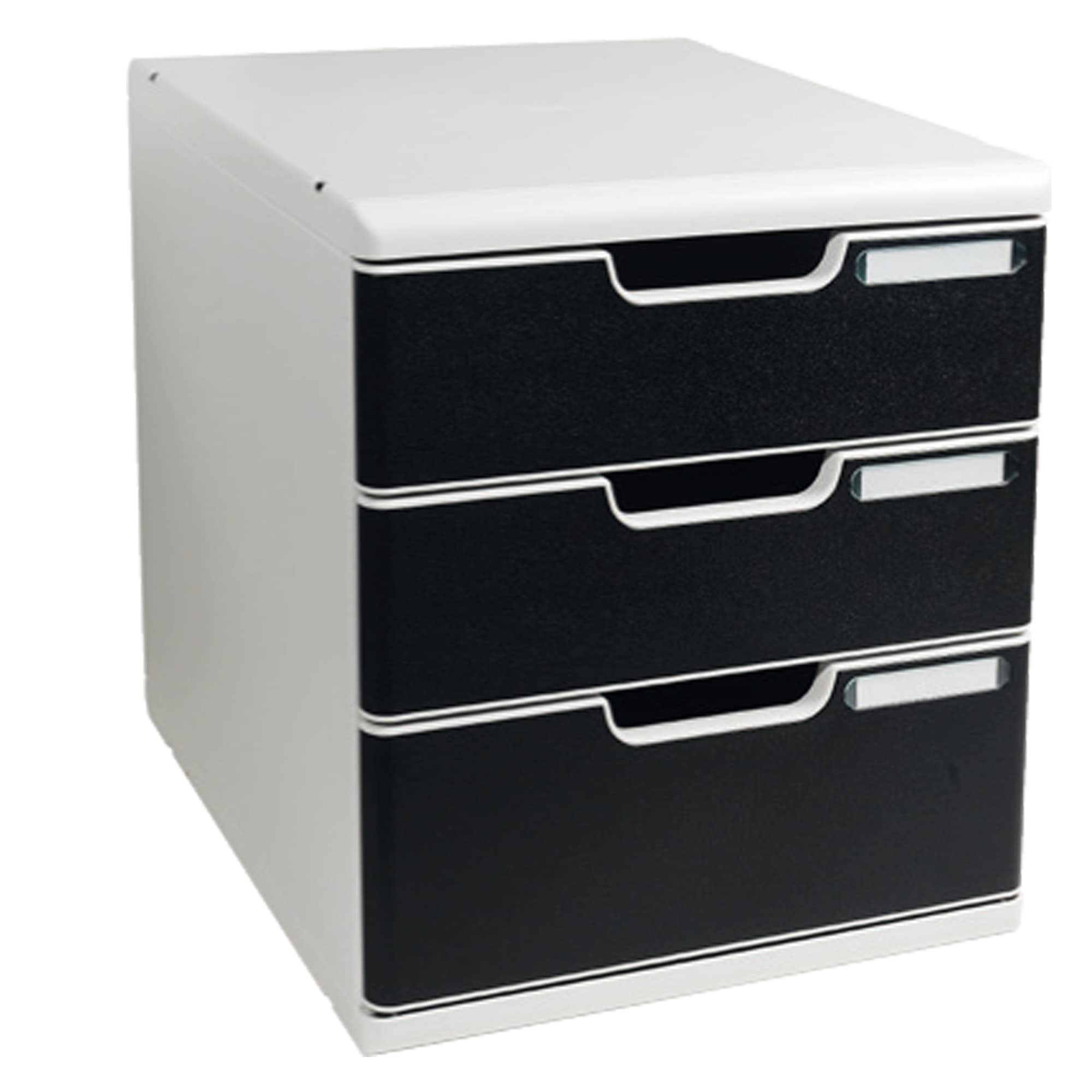 Exacompta - Ref 325014D - Modulo A4 Office - 350 x 288 x 320mm in Size, 3 Closed Drawers (110 + 82mm Height), Smooth Opening with Stop, Label Holders - Light Grey/Black