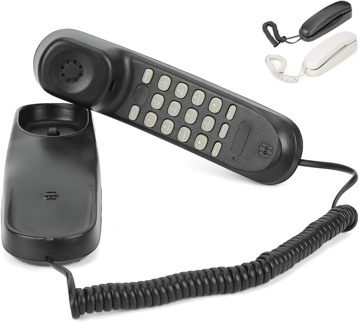 Mountable Corded Telephone, Uvital Portable Corded Telephone Landline Pause/Redial/Mute/Flash/Hold Wall Base Super Thunder Protection for House Home Call Center Office Company Hotel(Black)