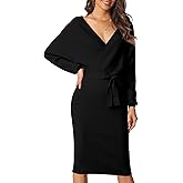 Seta T Women's V Neck Sweater Dress Batwing Sleeve Wrap Backless Knit Fall Midi Dress with Belted