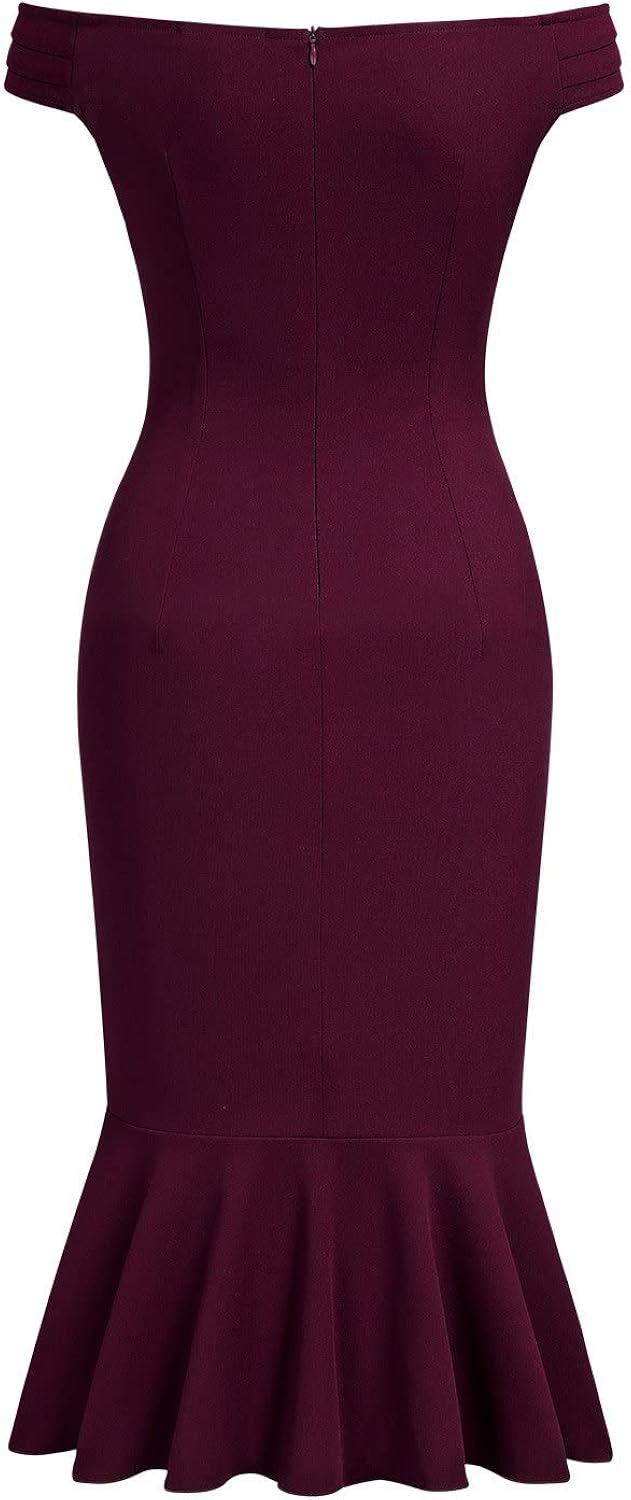 Knitee Women's Off Shoulder V-Neck Ruffle Pleat Waist Bodycon Evening Cocktail Slit Formal Dress: Clothing