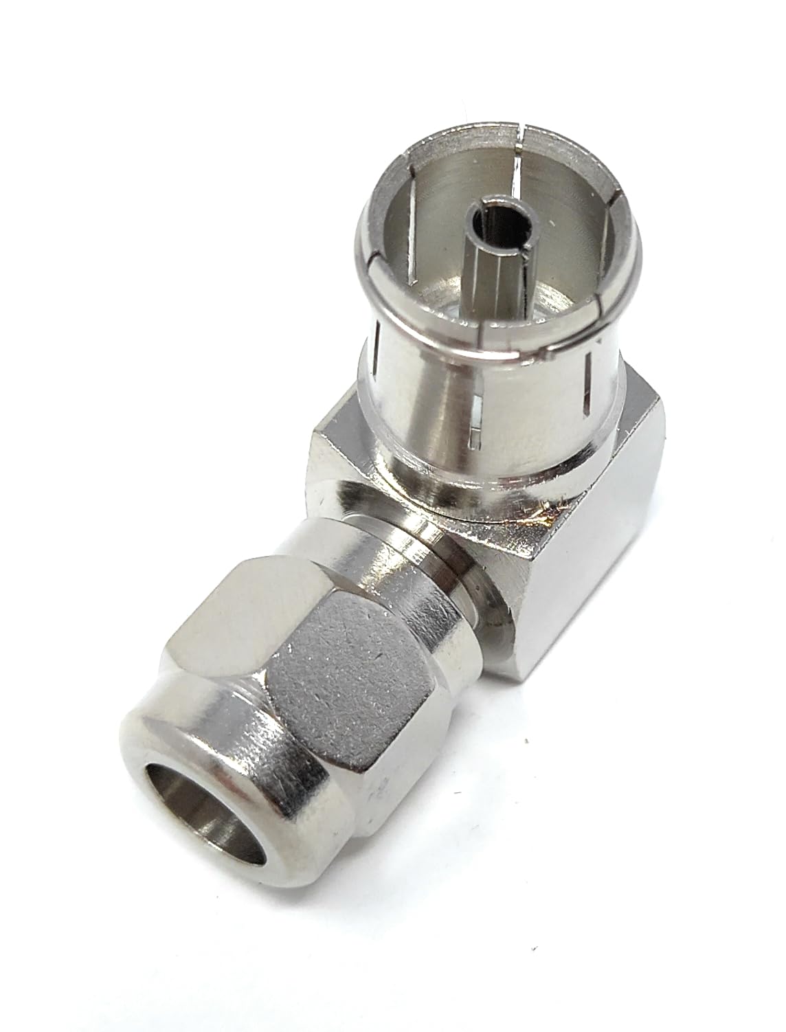 DRUT 1pcs TV RF Coax Right Angle Adapter With one end as a socket and the other end as a push-in with a screw designed for aerial cables (Silver)