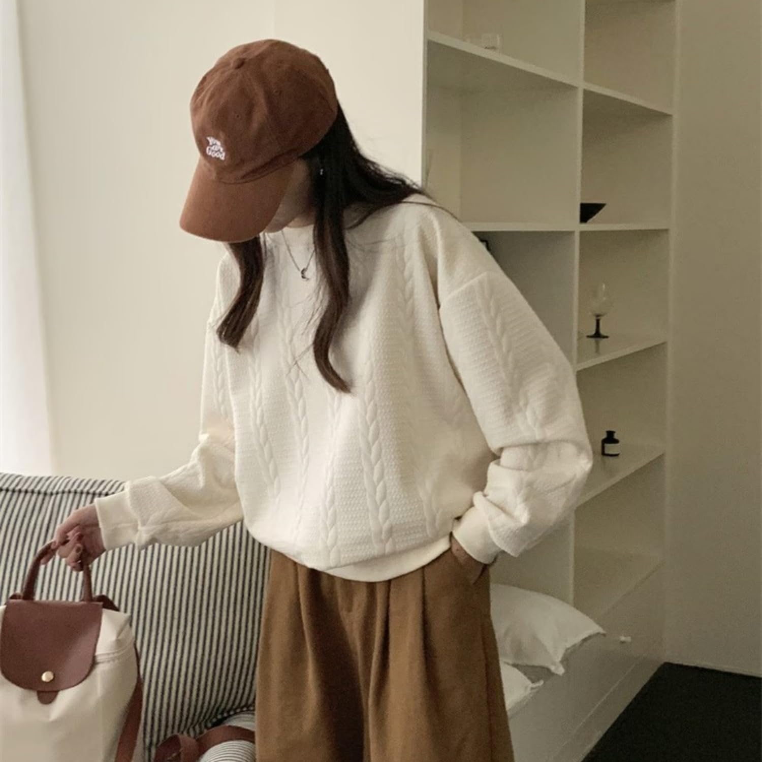 [safulsey] Women's Sweatshirt, Spring, Autumn, Winter, Oversize, Logo, Thin, Long Sleeve, Loose, Large Size, Stylish, Crew Neck, Long, Casual, Cute, Top, Hoodie, Korean Body Cover, Commuting to Work