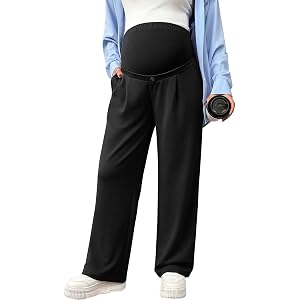 BLENCOT Maternity Work Pants Over the Belly Stretchy Lounge Pregnancy Wide Leg Trousers with Pockets Gray