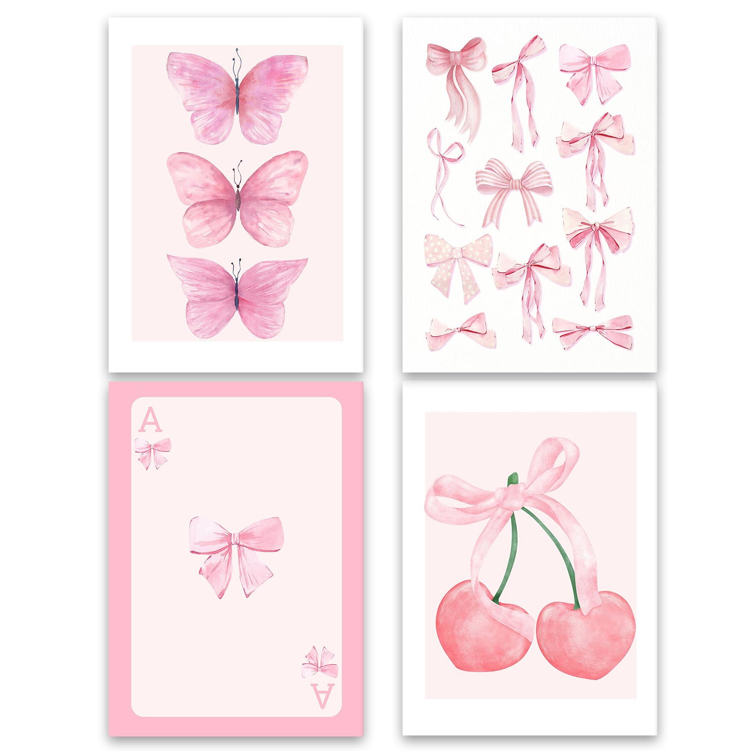 Onperpoe 4 Pink Posters Canvas Wall Art Set Preppy Room Decor Aesthetic Wall Decor New Home Gifts Bow Butterfly Cherry Poker Wall Posters Butterfly Decorations Wall Art Coquette Room Decor