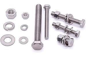EASTLO 1/4-20 x 5 (10 Sets) Stainless Steel Hex Bolts Screws with Nuts Flat Washers Lock Washers, 304 SS 18-8, Hexagon Head, Fully Machine Threaded, Bright Finish
