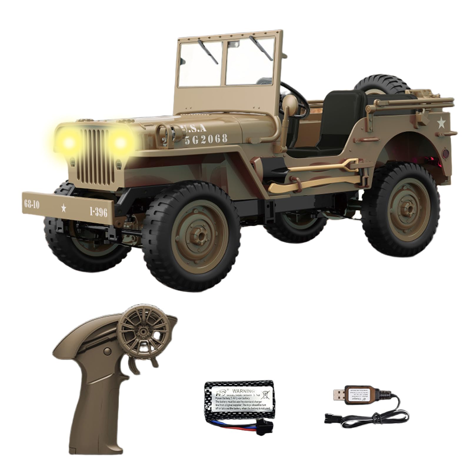 Hylukon 1/10 Scale Remote Control Car, 2.4Ghz Willys Off Road RC Jeep with Linked Lights, 4WD All Terrain Rock Crawler Military Truck Toy RTR Hobby RC Car for Teens Adults (1 Battery)