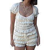 Women 2 Piece Ruffle Pajama Set Cap Sleeve Sweetheart Neck Crop Top and Shorts Polka Dot Ruched Loungewear