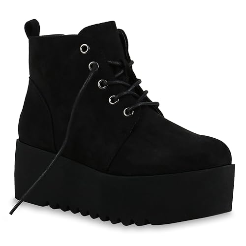 Gefütterte Damen Boots | Plateau Stiefeletten Profilsohle | Knöchelhohe Stiefel Veloursleder-Optik | Plateauschuhe | Flandell®