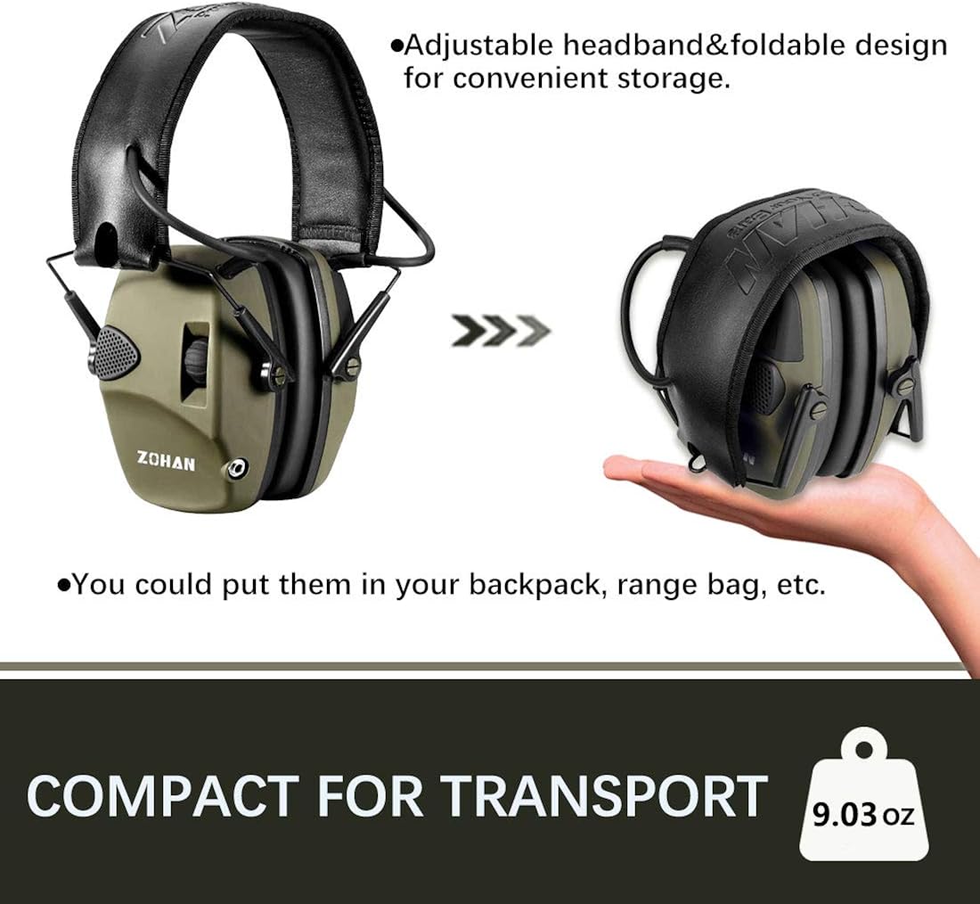 ZOHAN EM054 Electronic Shooting Ear Protection Muffs, Sound Amplification Noise Reduction Shooting Earmuffs for Gun Range, Ideal for Hunting and Shooting - Army Green: Clothing