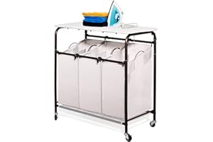 Ollieroo Classic Rolling Laundry Sorter Cart Heavy Duty 3 Bags Laundry Hamper Sorter with Ironing Board (Beige)