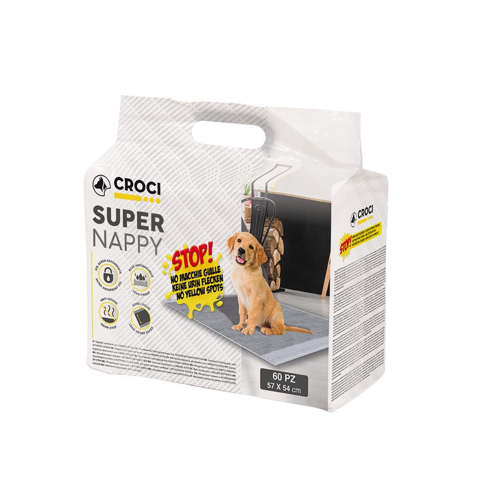 Croci Super Nappy Activated carbons - Hygienic Mats for Dogs 57x54 cm - 60 pieces, Underpads for Dogs and Pets, for Dog and Cat Pee Ultra Absorbent Disposable, Tear-proof and Anti-odour