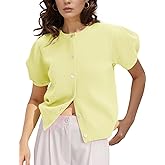 Womens Lightweight Puff Short Sleeve Cardigan Sweater Summer Y2k Cropped Knit Button Up Blouse Tops