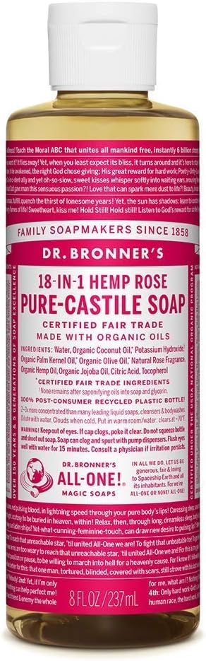 Dr. Bronner's Organic 18-in-1 Hemp Rose Pure-Castile Liquid Soap, 237 ml, 237 ml (Pack of 1)