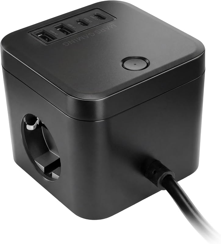 MD-CUBE35, Powercube Multifunção Compacto, 3 Soquetes SCHUKO + 2 USB-C + 2 USB-A, Carregamento Rápido PD 35W, Tecnologia GAN, Cabo 1,8m, Botão ON/Desliga e Indicador LED, 9 Proteções, Preto