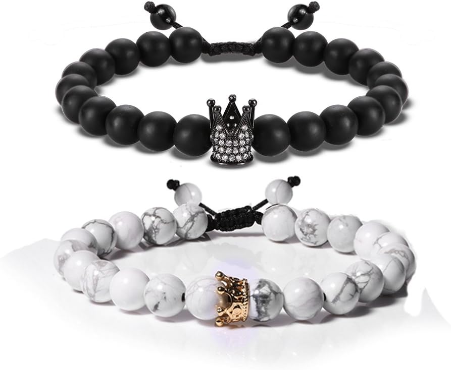 EnjoIt Couple Distance Bracelet Diffuser Beads Crown Queen Bracelets Matte Agate & White Howlite Lava Stone