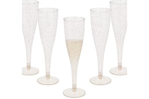 Oojami 90 Plastic 6.5 oz Disposable Champagne Flutes Ideal for Toasting, Wedding, Birthday, Baby Showers, Retirement, Celebration, Mimosa, Cocktails, Engagements, Birthday, Parties (Gold Glitter)