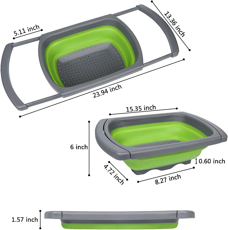 QiMH Colander collapsible Over The Sink Vegtable/Fruit Colander Strainer With Extendable Handles(Green&Red) (Green) - Image 3