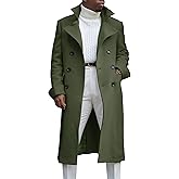 Ebifin Men's Notch Lapel Double Breasted Long Trench Coat Casual Cotton Blend Peacoat