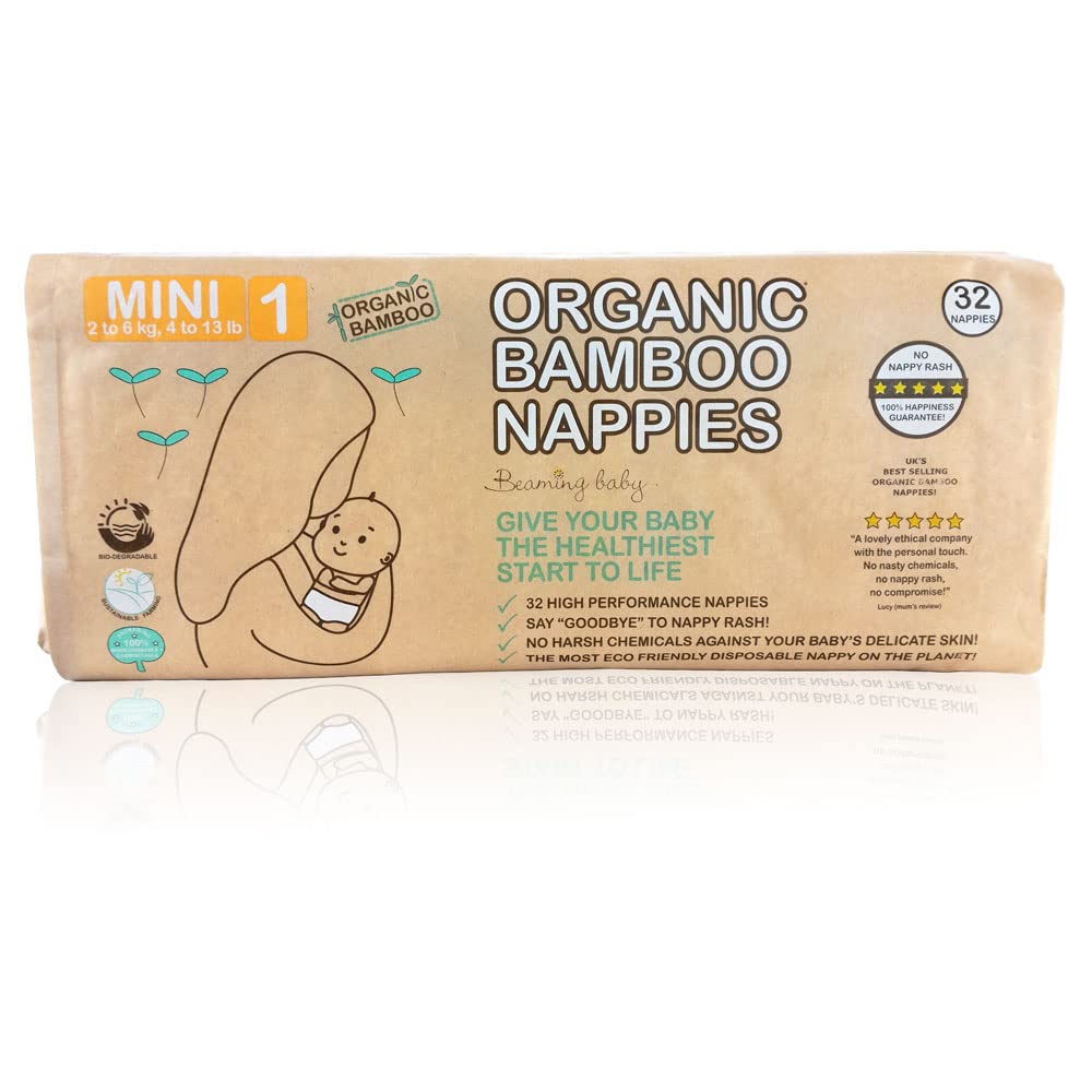 Beaming Baby Organic Bamboo Eco Nappies Newborn Size 1 (2-6 kg/4-13 lb) 32 in Pack. Biodegradable, Hypoallergenic for Sensitive Skin, Recyclable Paper Packaging