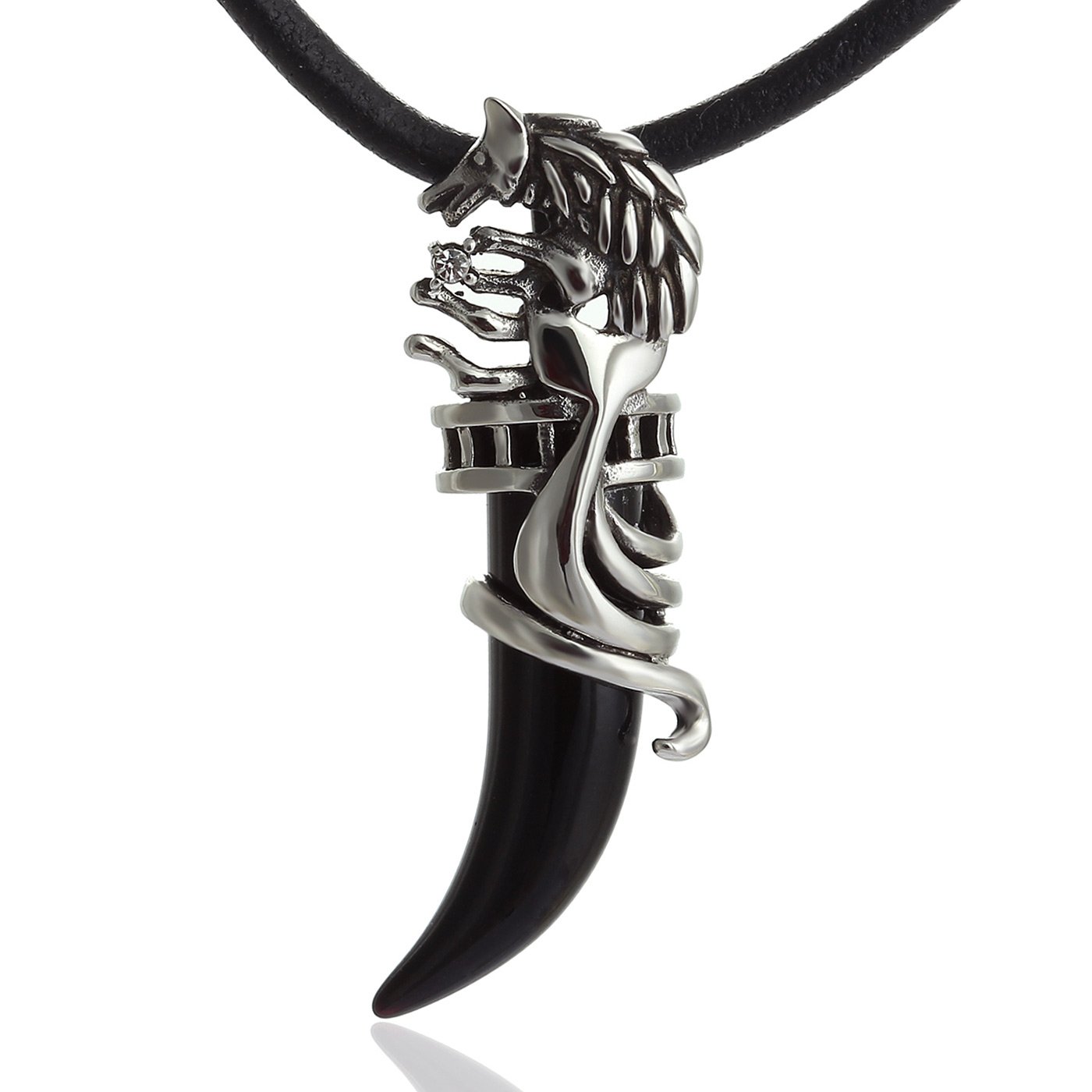 DonDon Men's Leather Necklace 50 cm 19,7" and Wolf Tooth Pendant Black in a Velvet Jewelry Bag