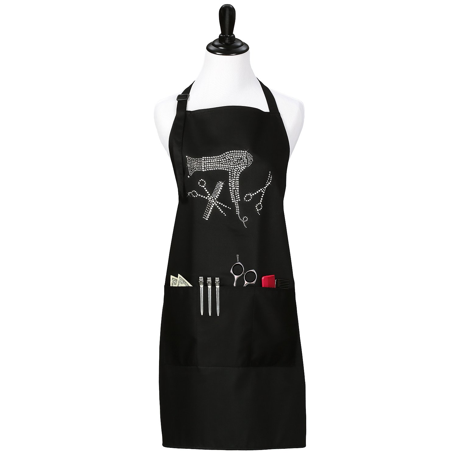 Hair Stylist Salon Apron with Rhinestone Scissor and Comb Design, Black with 3 Pockets: Beauty