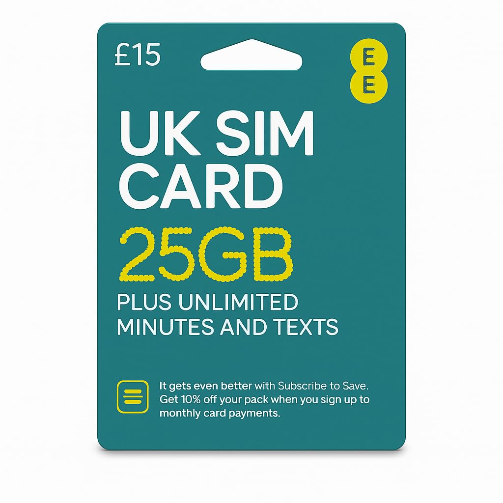 Photo 1 of UK SIM Card for Tourists – 25GB High-Speed Data | High Coverage EE Network | 30 Days Validity | UK Phone Number | Prepaid SIM for Travel to United Kingdom | Works in Remote Areas of UK