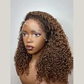 Ombre Honey Blonde Brown Color Human Hair Highlights Wigs With 4C Kinky Edges Hairline 180% Density Curly 13x4 Invisible HD Lace Front Wig With Curly Baby Hair Brazilian Soft Glueless Wig 14 Inch
