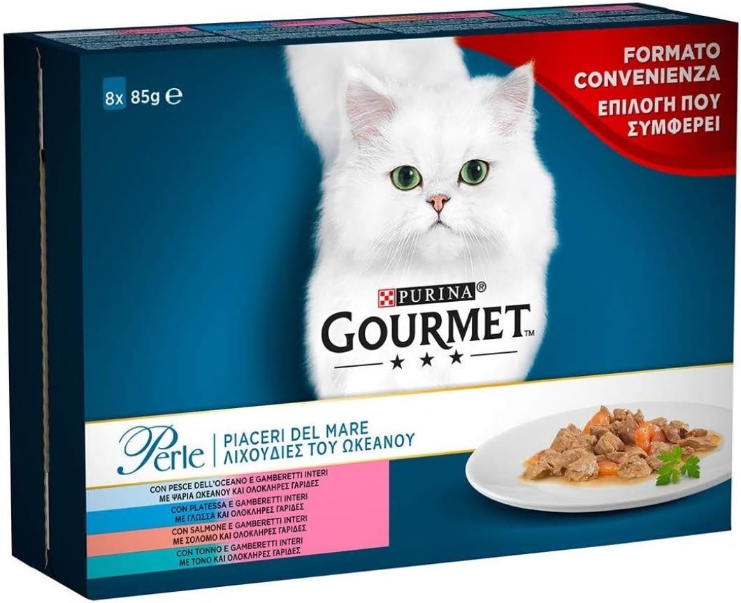 Gourmet Perle Piaceri del Mare Wet Food for Adult Cats Snacks with Salmon Platessa, Tuna and Ocean Fish 80 Bags of 85 g