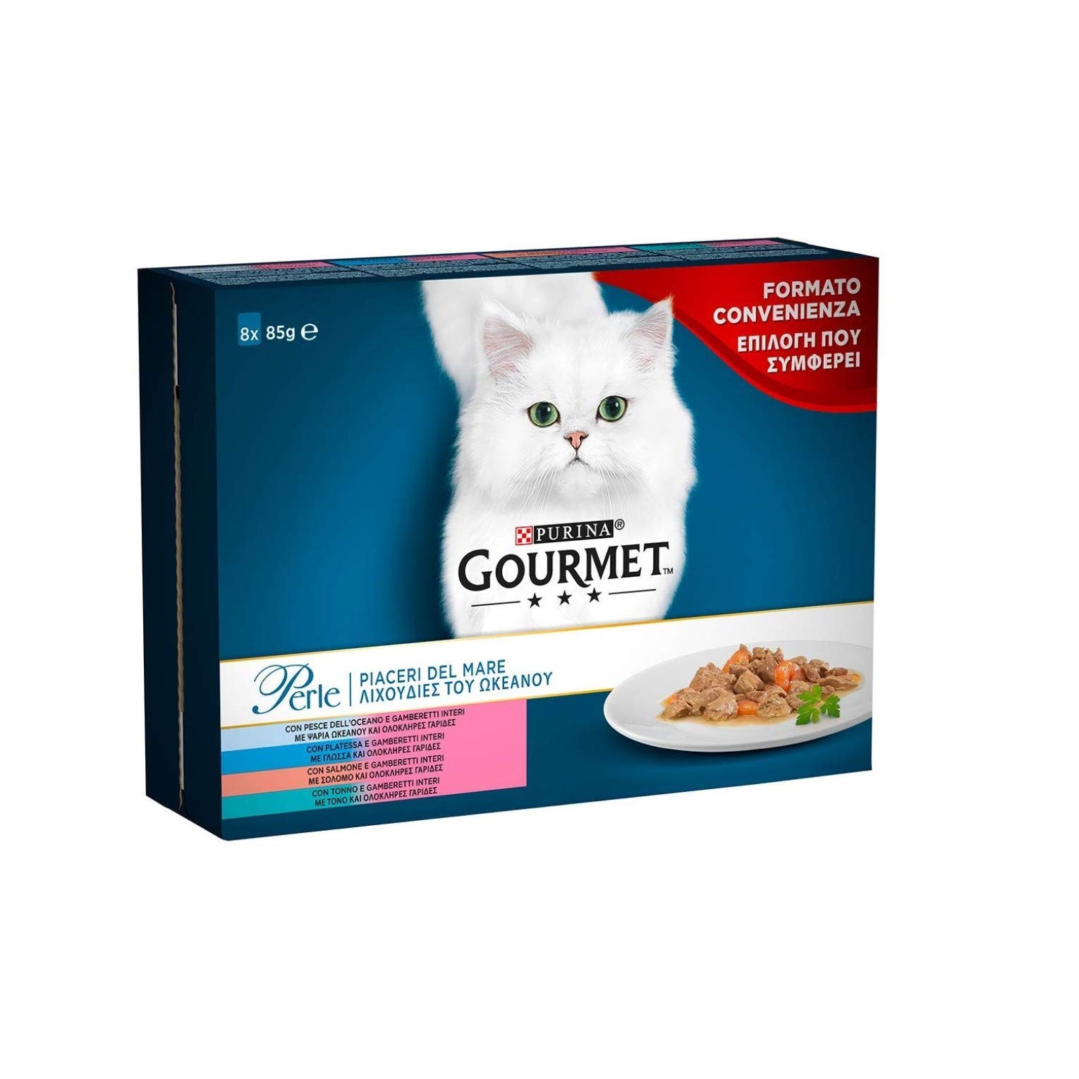 Gourmet Perle Piaceri del Mare Wet Food for Adult Cats Snacks with Salmon, Platessa, Tuna and Ocean Fish 80 Bags of 85 g