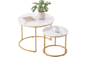 VEVOR Nesting Tables, Coffee Table Set of 2, 23.6 inch Round Coffee Table, Small Coffee Tables Night Stand with Metal Frame, for Living Room, Bedroom, Office (White & Gold)