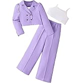 Milumia Girl's 3 Piece Outfit Button Down Collared Long Sleeve Blazer Cami Top Pants Set