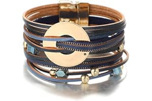 KSQS Multi-layer Leather Wrap Cuff Bracelet, Boho Wide Braided Buckle Bracelets for Women, Waterproof Leather Wristband Bangles