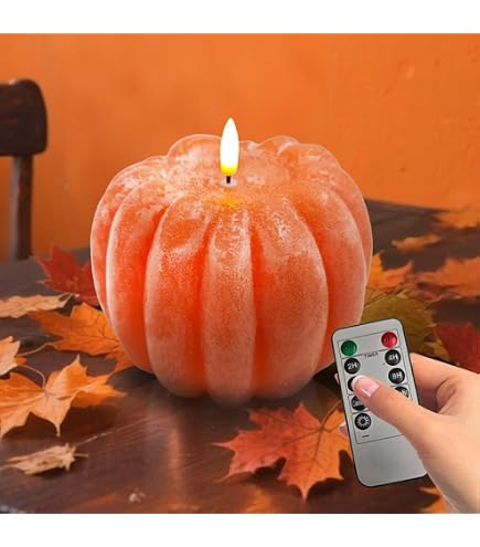 Flameless Pumpkin Candle – LED Flickering Real Wax Finish With Timer & Remote, 7" X 6.7", Green/White/Orange