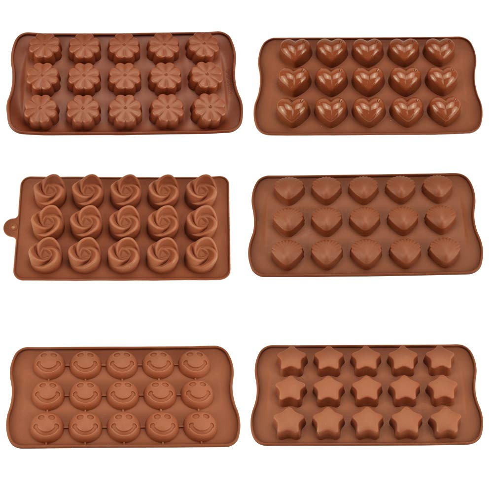 OLRWSLG 6Pcs Silicone Chocolate Moulds Non-Stick Candy Molds Kit Flower Shape Chocolate Candy Mold Brown Cake Chocolate Making Molds for Chocolates, Candies, Soaps, Jellies, Cakes