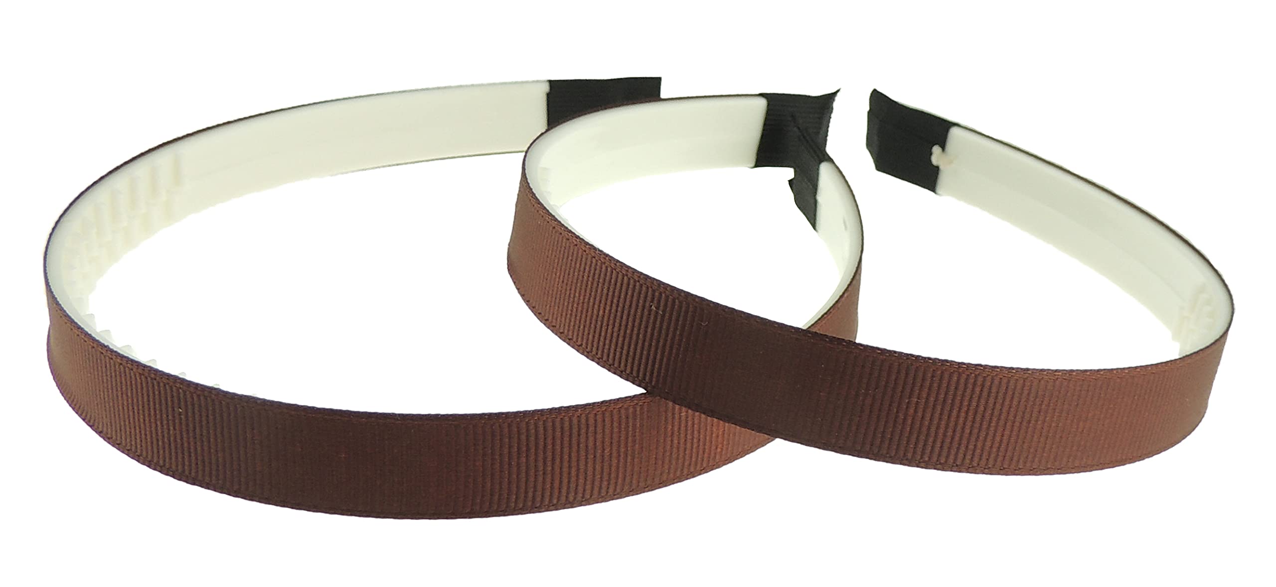 Ladies Girls Set of 2 Ribbed Satin Ribbon 15mm White Toothed Covered Headband Alice Band (Brown White)