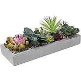 MyGift 15 Inch Mixed Color Assorted Artificial Succulent Plant Arrangement in Modern Gray Clay Planter Tray