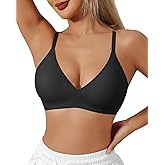 USEASY Deep V Neck Wirefree Bra for Women Seamless Soft Sleeping Bra Adjustable Strap No Underwire Bralette M Black