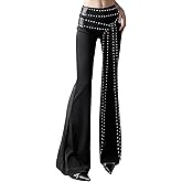 SEMATOMALA Women's Studded Belt Bell Bottom Black Long Pants Punk Rock Rivet Belted Flare Leggings