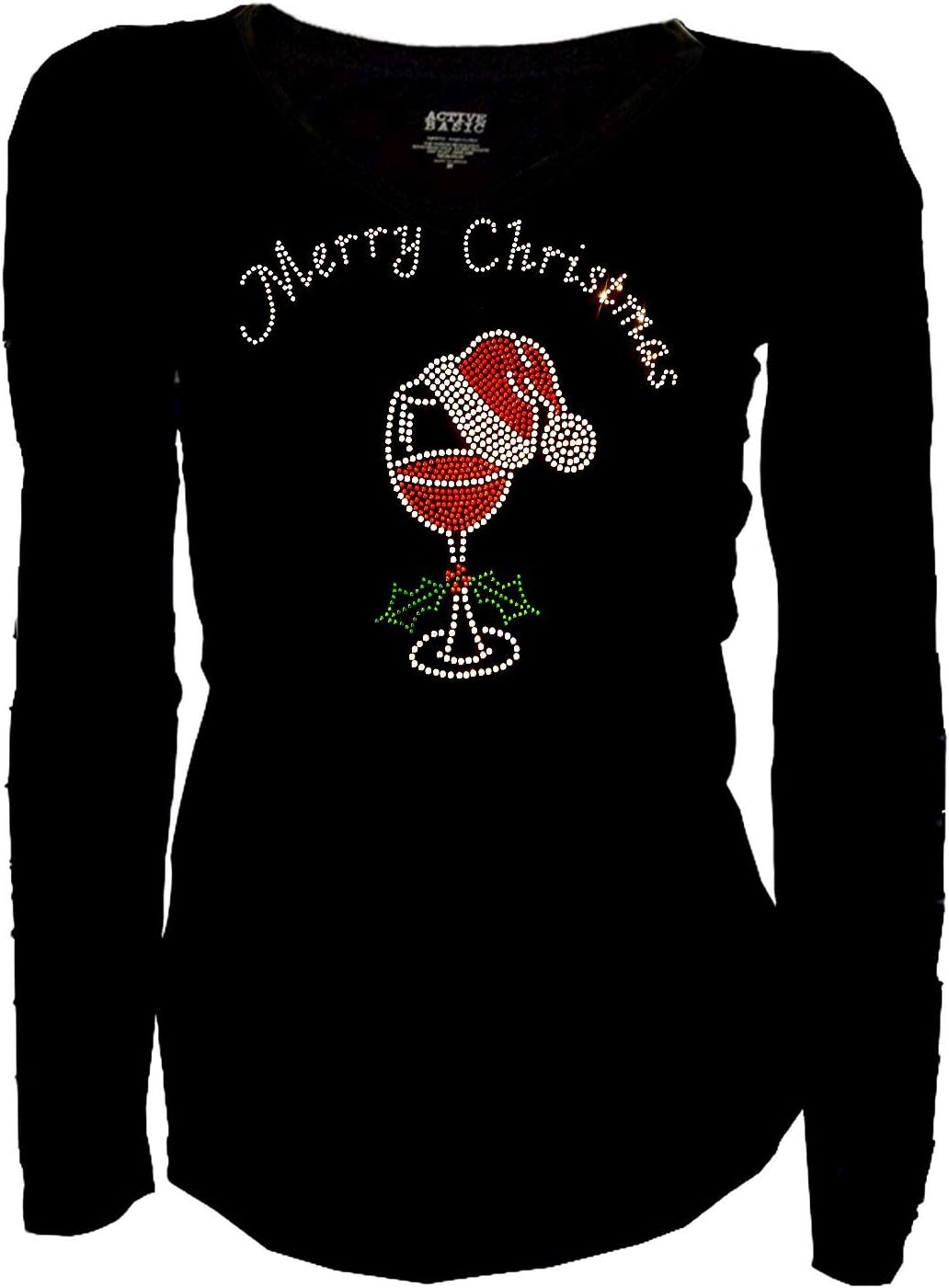 Fashion2ne1Merry Christmas Bling Santa Hat & Wine Glass Rhinestone T-Shirt Ln
