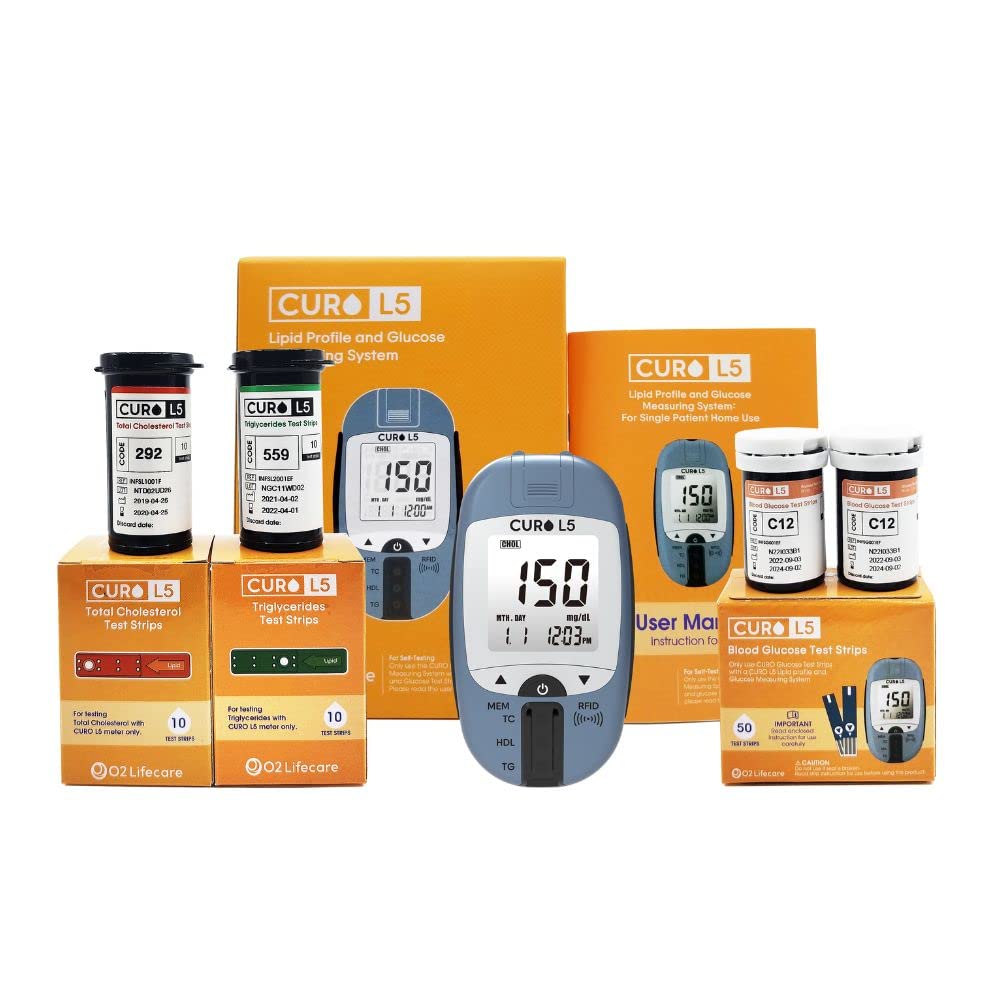 Photo 1 of Home Blood Cholesterol Test Kit - CURO L5 Digital Meter - (10 Total Cholesterol Strips & 10 Triglycerides Test Strips and 50 Glucose Test Strips Included)