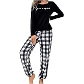 SweatyRocks Women's 2 Piece Pajama Set Plaid Long Sleeve Tops and Pants Lounge Sets Sleepwear